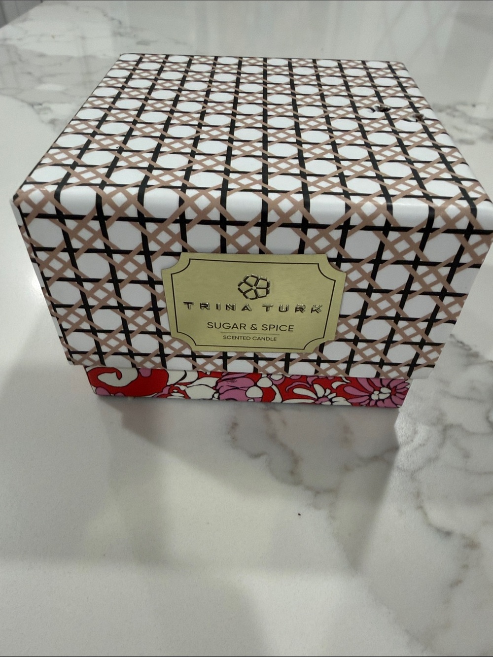 Trina Turk Patterned Gift Candle Box in White, Black, Tan with Floral Accent